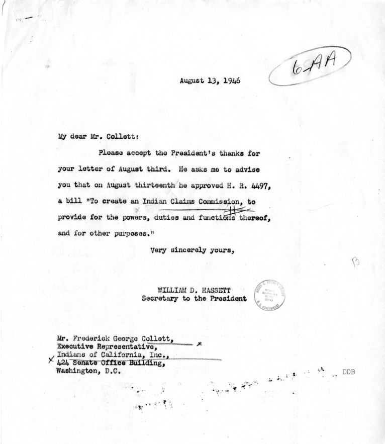 Letter from Frederick Collett to President Harry S. Truman, with a Reply from William Hassett