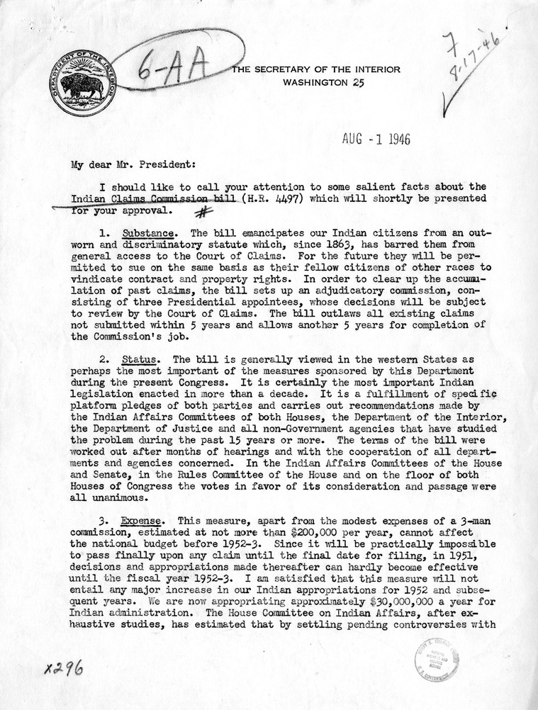 Letter from Secretary of the Interior Julius A. Krug to President Harry S. Truman, with Attached Statement