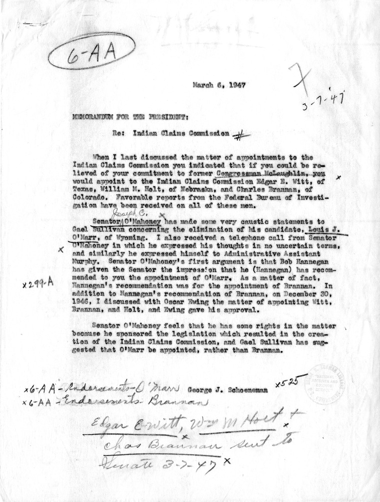 Memorandum from George J. Schoeneman to President Harry S. Truman with Related Correspondence and Memoranda