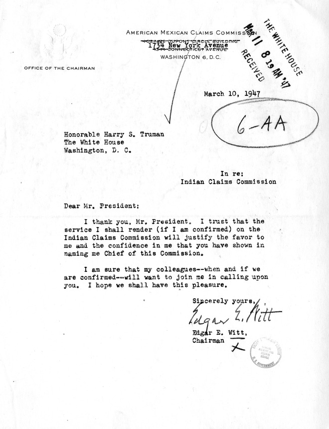 Letter from Edgar E. Witt to President Harry S. Truman