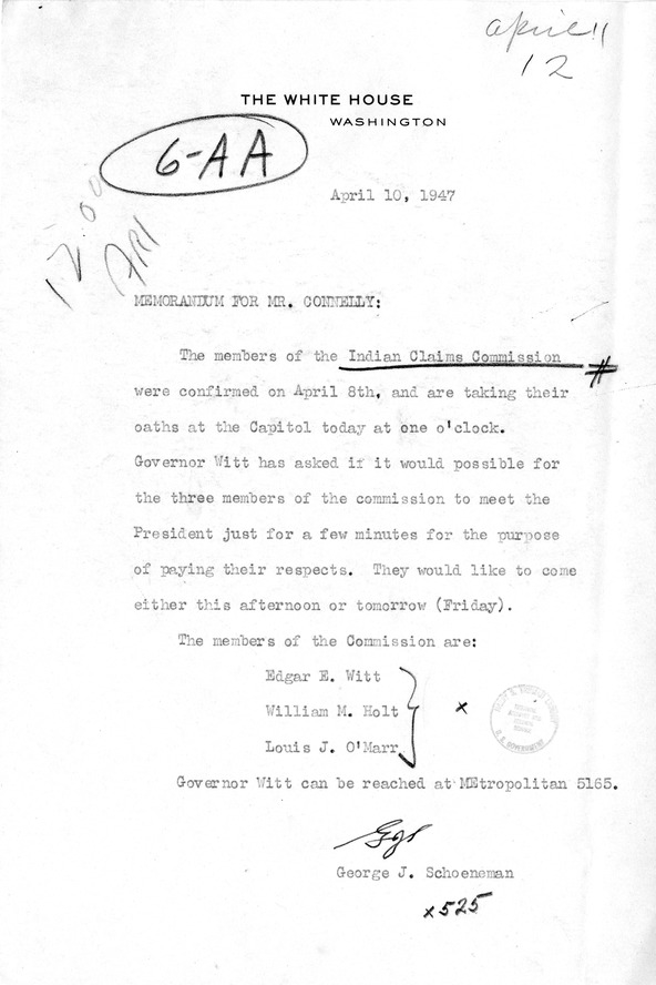 Memorandum from George J. Schoeneman to Matthew J. Connelly