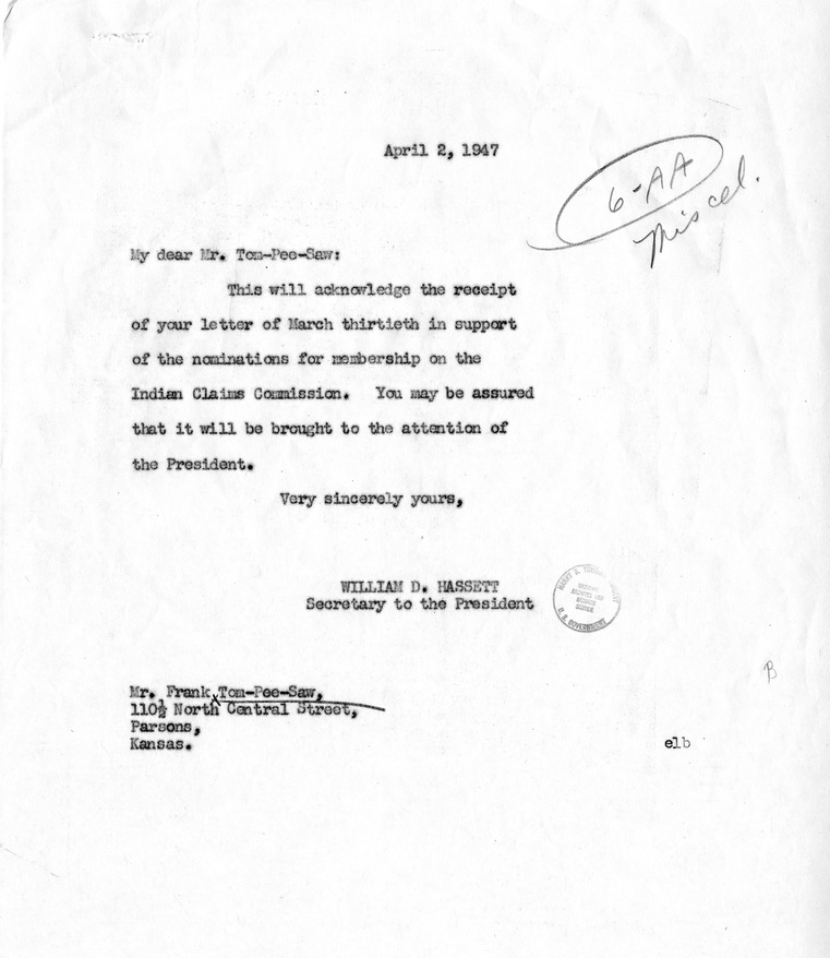 Letter from Frank Tom-Pee-Saw to President Harry S. Truman, with a Reply from William D. Hassett
