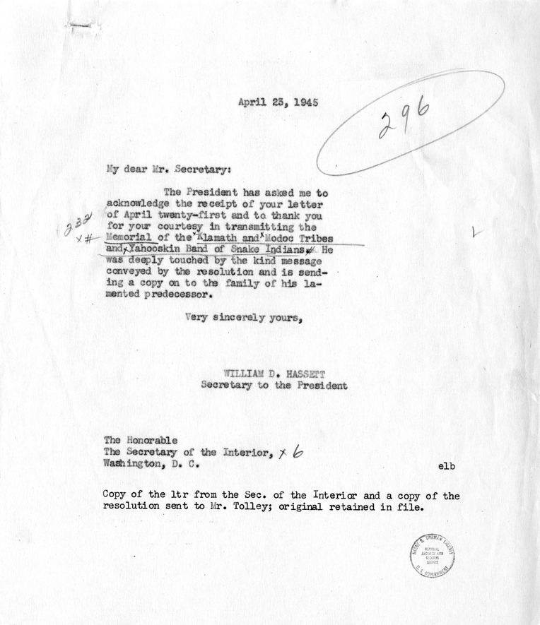 Letter from Secretary of the Interior Harold Ickes to President Harry S. Truman and a Reply from William D. Hassett with Attached Resolution and Related Materials