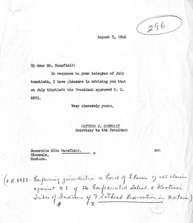Telegram from Congressman Mike Mansfield to President Harry S. Truman, with a Reply from Matthew J. Connelly