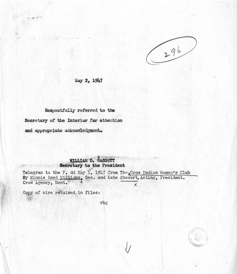 Telegram from the Crow Indian Womenâ€™s Club to President Harry S. Truman with Referral Memorandum from William D. Hassett