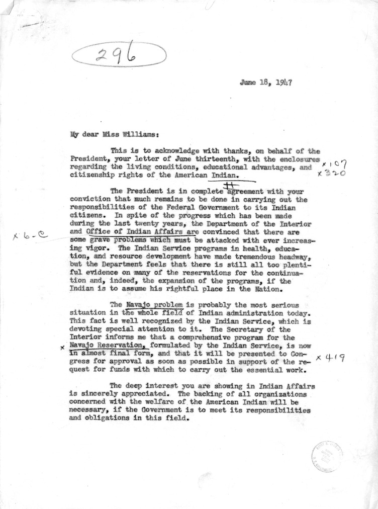Letter from Charl Ormond Williams to President Truman and a Reply from William D. Hassett, with Related Material