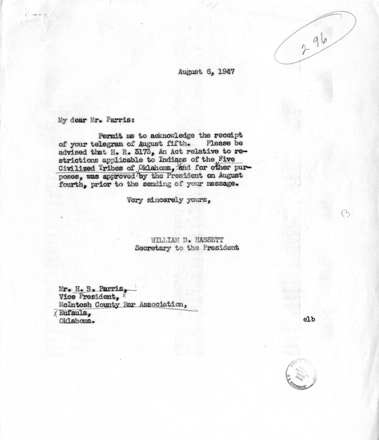 Telegram from  H. B. Parris to President Harry S. Truman, with a Reply from William D. Hassett