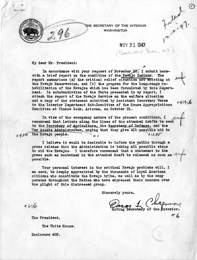 Memorandum, Secretary of the Interior Oscar Chapman to President Harry S. Truman with Attached Report