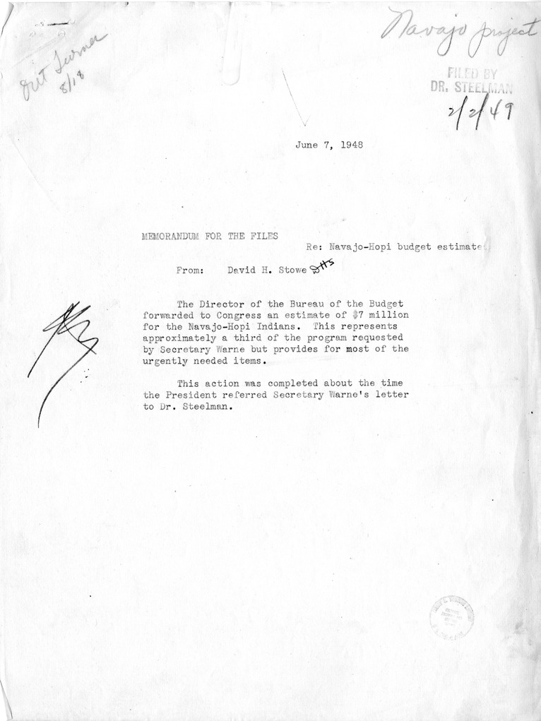 Memorandum for the Files from David H. Stowe