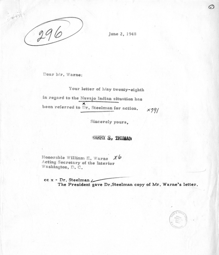 Correspondence between President Harry S. Truman and Acting Secretary of the Interior William E. Warne