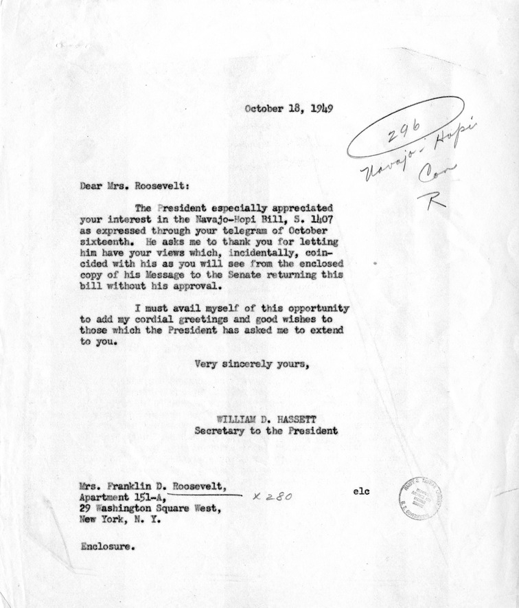 Telegram from Eleanor Roosevelt to President Harry S. Truman, with a Reply from William D. Hassett