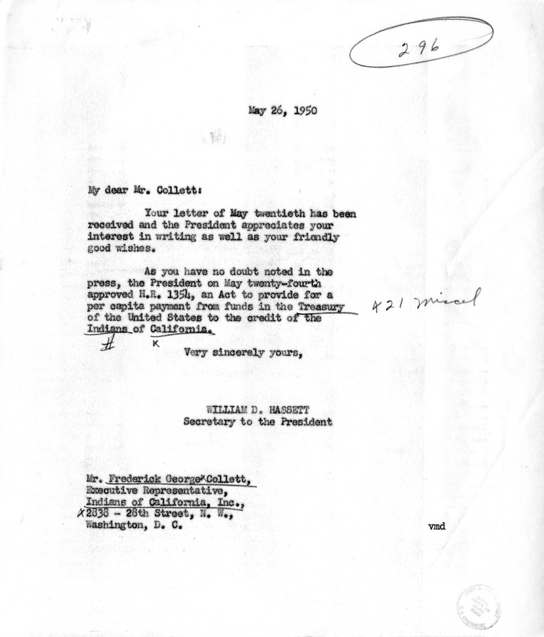Letter from Frederick Collett to President Harry S. Truman, with a Reply from William D. Hassett