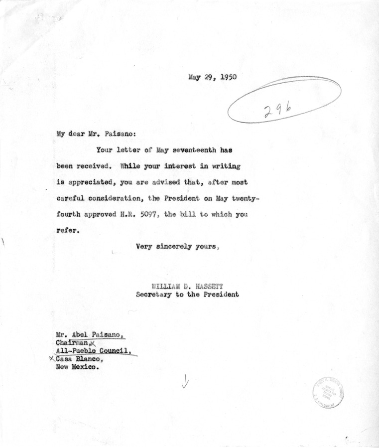 Letter from Abel Paisano to President Harry S. Truman with a Reply from William D. Hassett