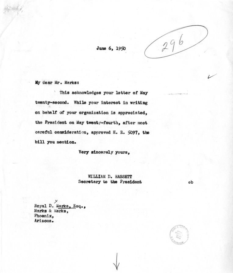Letter from Royal D. Marks to President Harry S. Truman, with a Reply from William Hassett