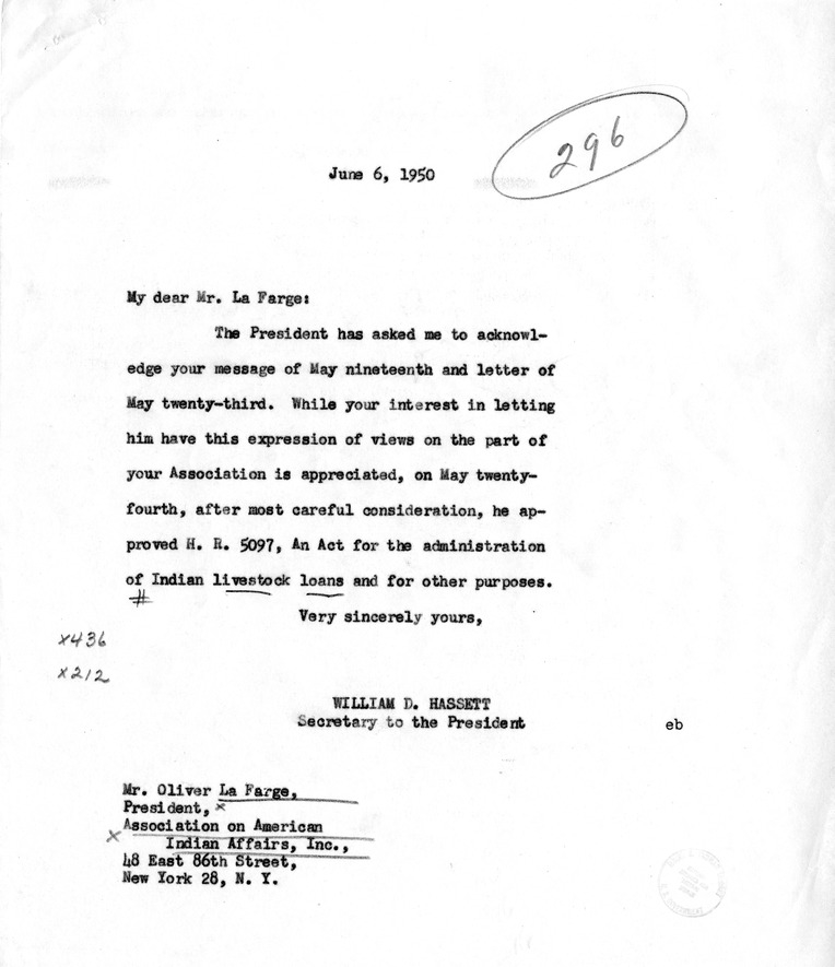 Letter and Telegram from Oliver La Farge to President Harry S. Truman, with a Reply from William D. Hassett