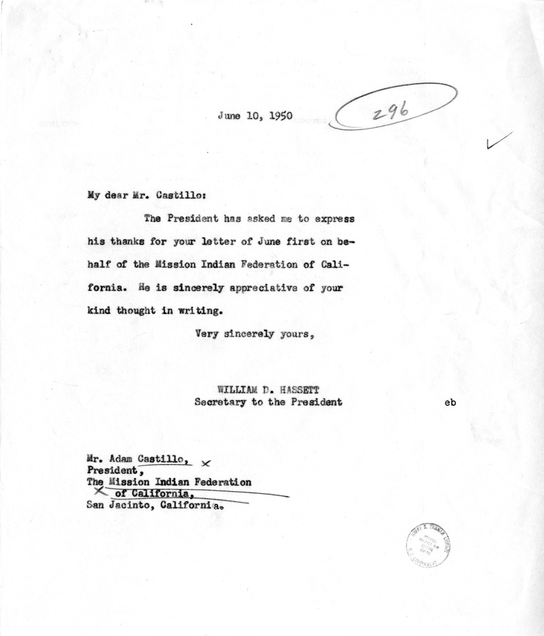 Letter from Adam Castillo to President Harry S. Truman, with a Reply from William D. Hassett