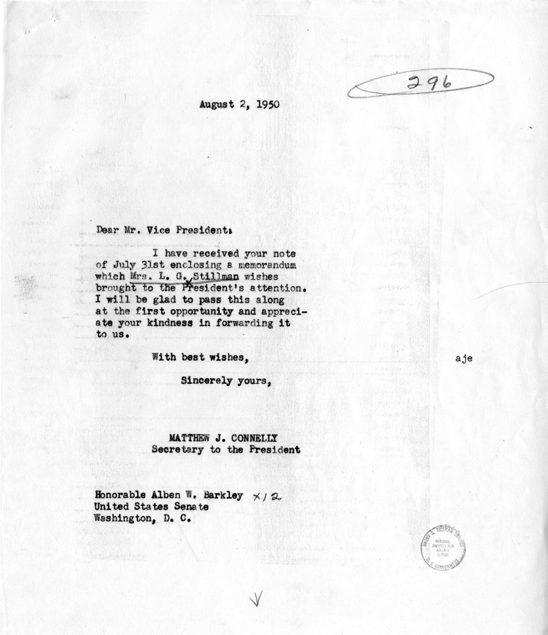 Correspondence Between Vice President Alben Barkley and Matthew Connelly, with Attached Memorandum from Mrs. L. G. Stillman