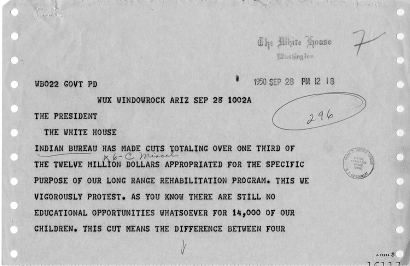 Telegram from Sam Ahkeah to President Harry S. Truman