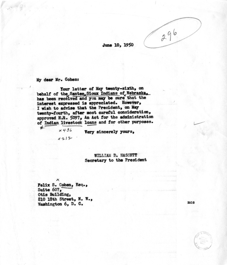 Letter from Felix S. Cohen to President Harry S. Truman, with a Reply from William D. Hassett