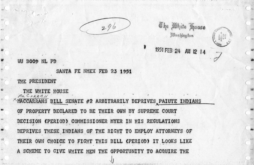 Telegram from Mrs. Charles Deitrich to President Harry S. Truman
