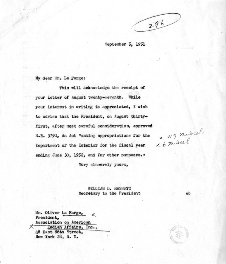 Letter from Oliver La Farge to President Harry S. Truman with a Reply from William D. Hassett