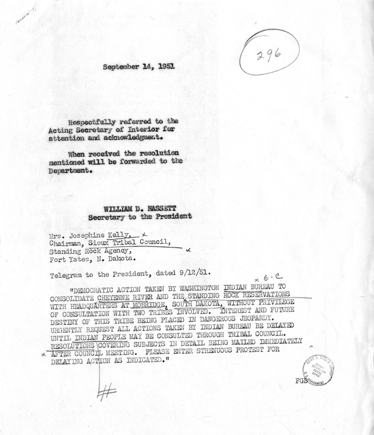 Telegram from Josephine Kelly to President Harry S. Truman, with Attached Memorandum from William D. Hassett