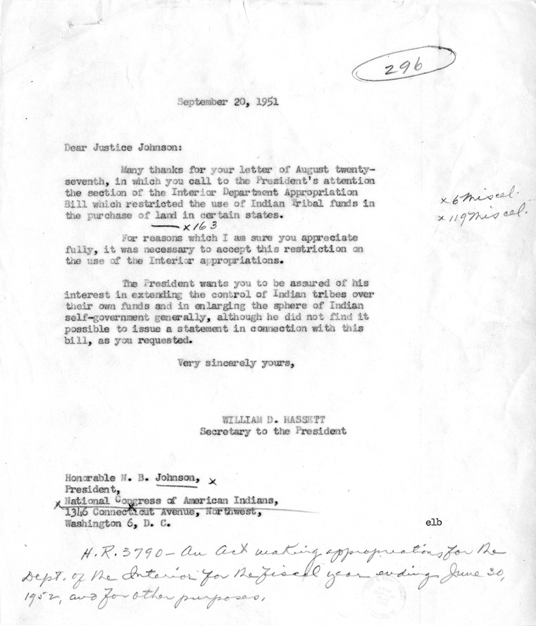 Letter from N. B. Johnson to President Harry S. Truman, with Internal Memoranda and a Reply from William D. Hassett