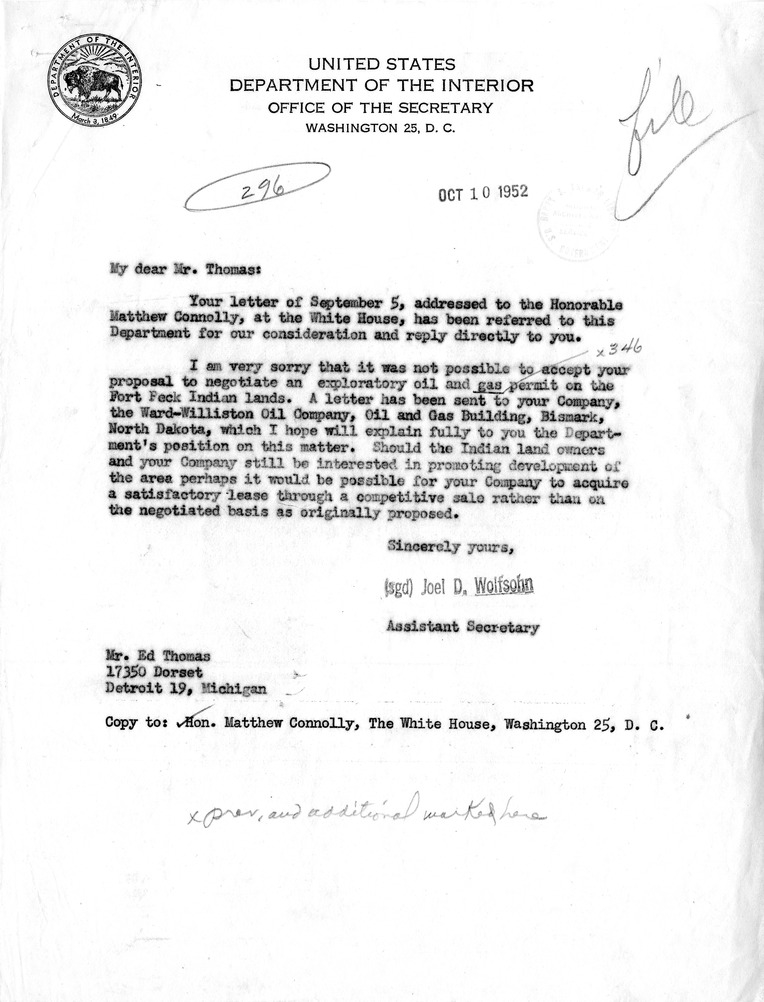 Letter from Joel D. Wolfsohn to Ed Thomas with Correspondence Between and Ed Thomas and Matthew Connelly and Related Memoranda