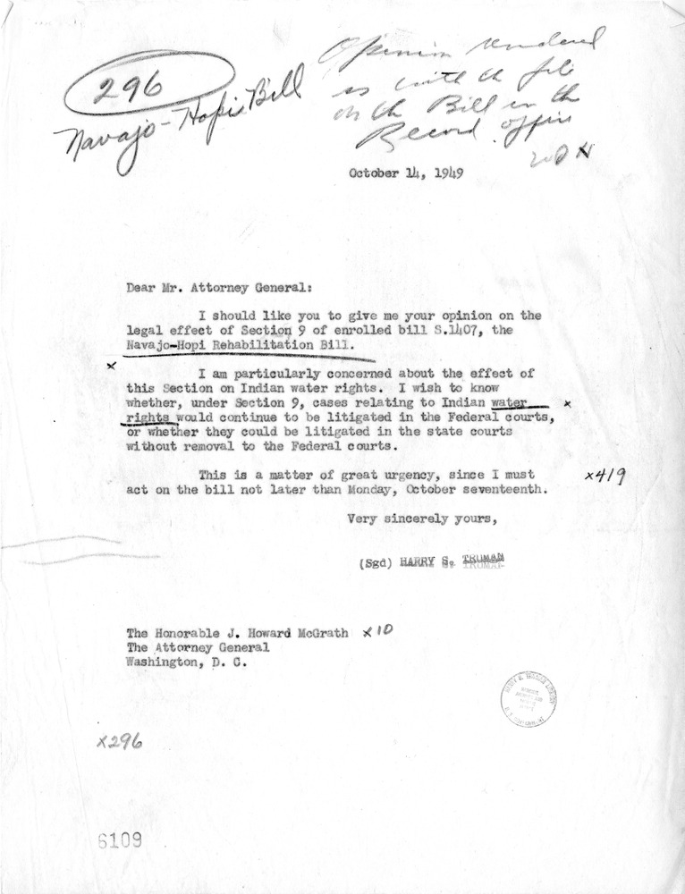 Letter from President Harry S. Truman to Attorney General J. Howard McGrath, with Attached Letter from Congressman J. Hardin Peterson to President Truman and Reply from Matthew J. Connelly