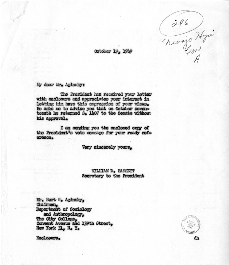 Letter from Burt Aginsky to President Harry S. Truman, with Reply from William Hassett