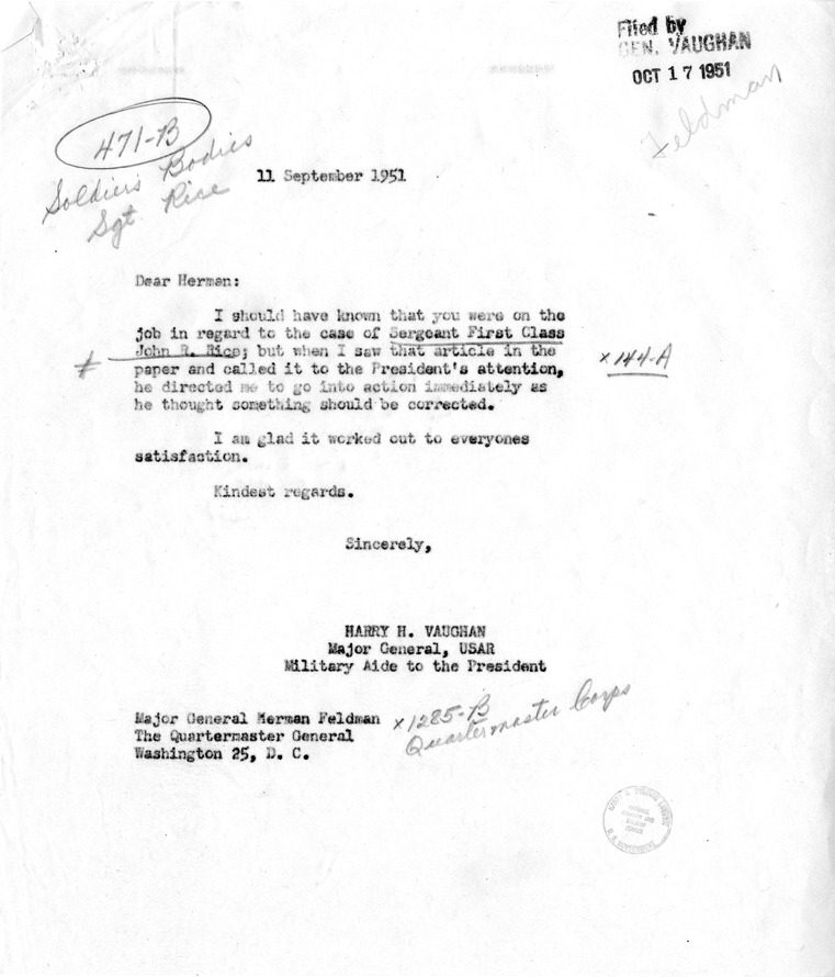Correspondence between Major General Harry H. Vaughan and Major General Herman Feldman