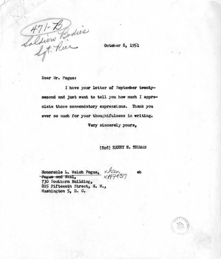 Correspondence Between Harry S. Truman and L. Welch Pogue