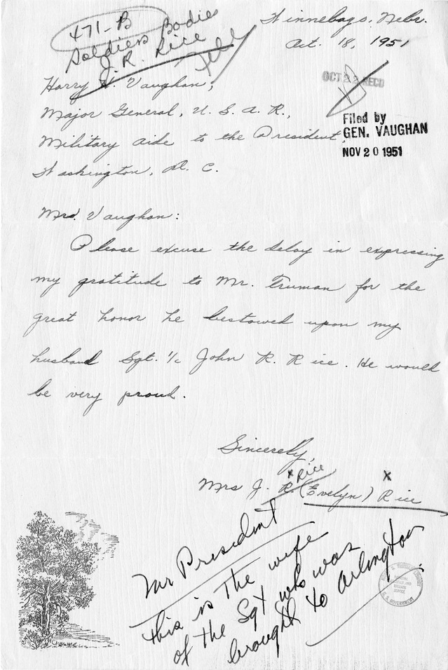 Letter from Mrs. J.R. (Evelyn) Rice to Major General Harry H. Vaughan