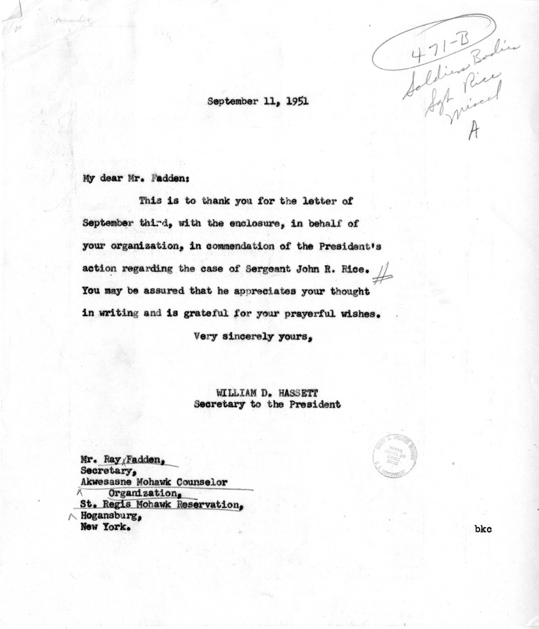 Letter from Ray Fadden to President Harry S. Truman, with a Reply by William Hassett
