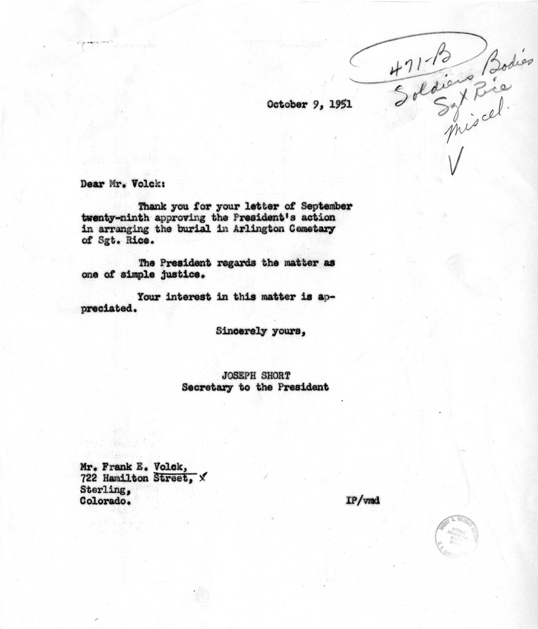 Letter from Frank E. Volck to President Harry S. Truman, with a Reply from Joseph Short