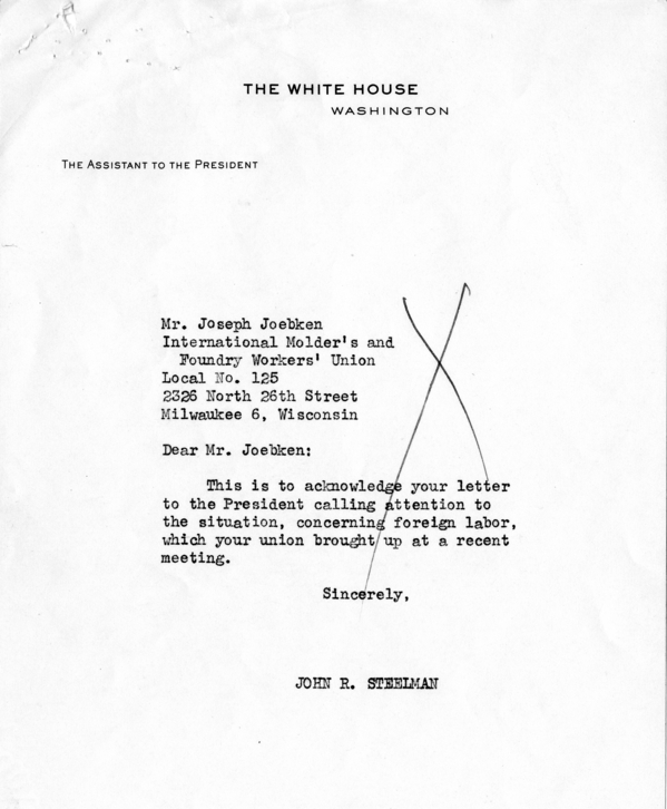 Correspondence Between Joseph Joebken and John Steelman