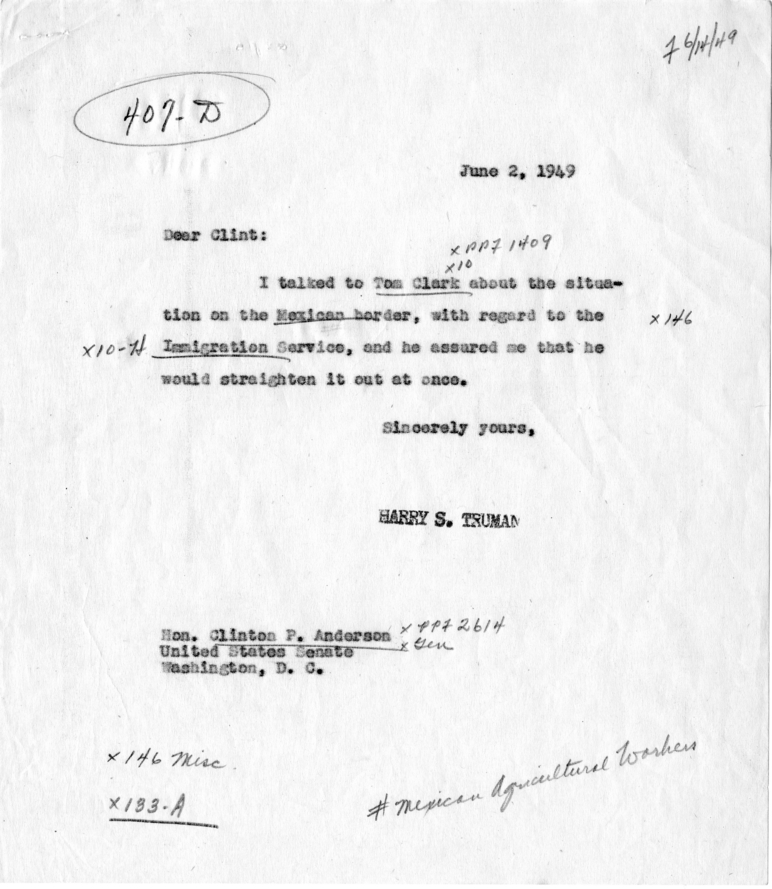Correspondence Between Clinton P. Anderson and Harry S. Truman