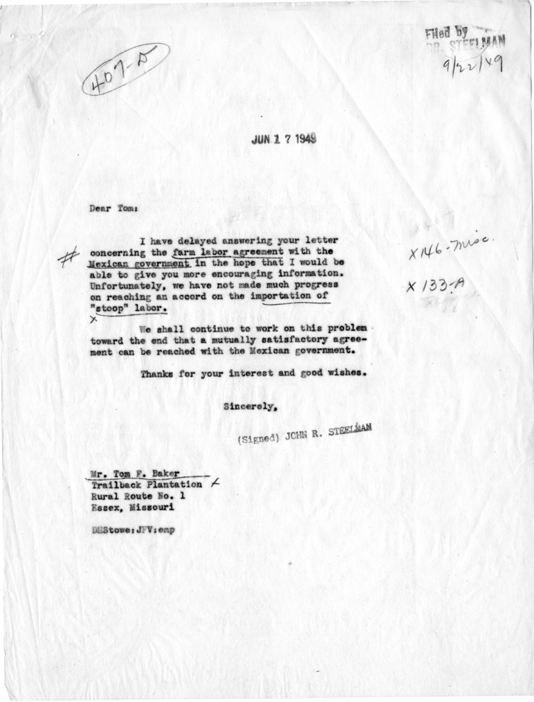 Correspondence Between Tom F. Baker and John Steelman