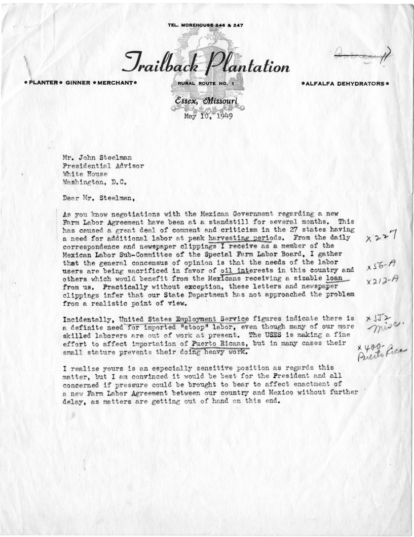 Correspondence Between Tom F. Baker and John Steelman