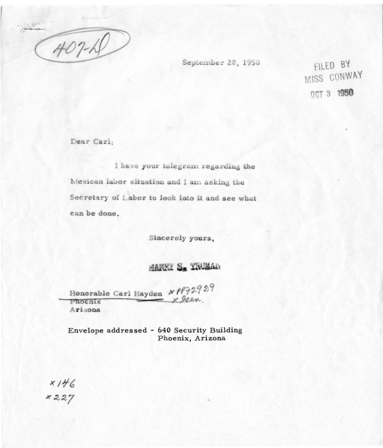 Carl Hayden to Harry S. Truman, With Referral to Secretary of Labor