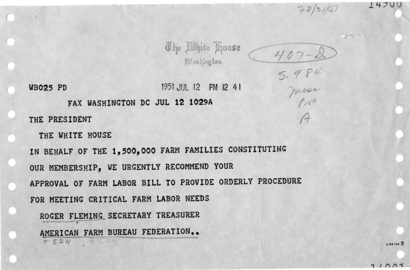 Telegram, American Farm Bureau Federation to Harry S. Truman