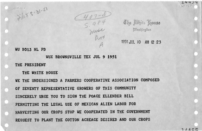 Telegram, Associate Growers of Brownsville to Harry S. Truman