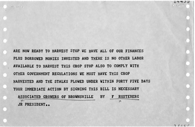 Telegram, Associate Growers of Brownsville to Harry S. Truman