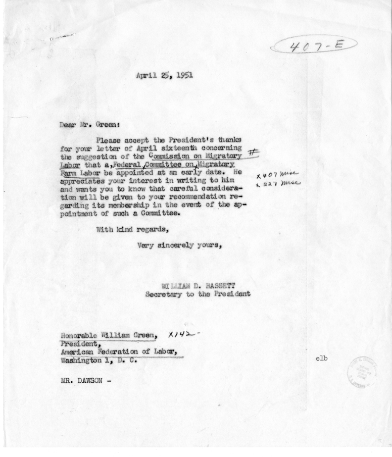 William Green to Harry S. Truman, with Reply from William Hassett