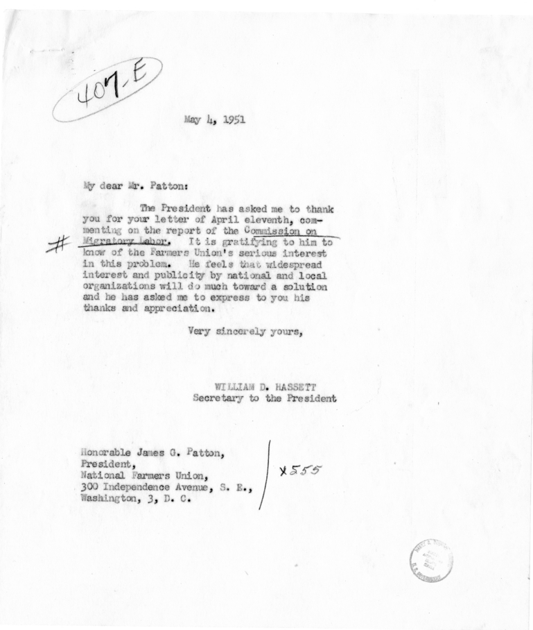 James G. Patton to Harry S. Truman, with Reply from William Hassett