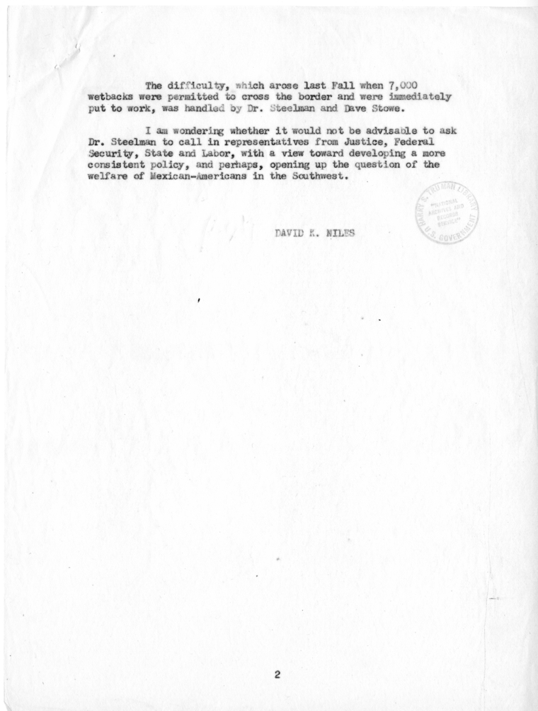 David K. Niles to Harry S. Truman