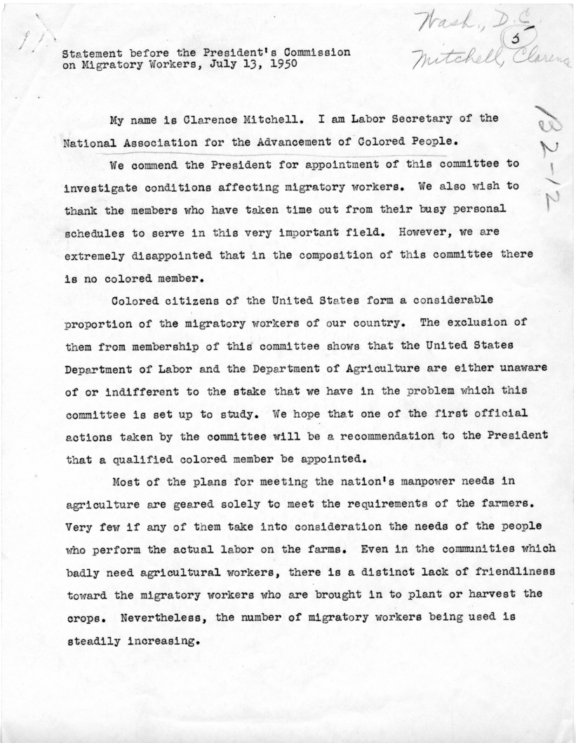 Statement of Clarence Mitchell Before the President&rsquo;s Commission on Migratory Labor