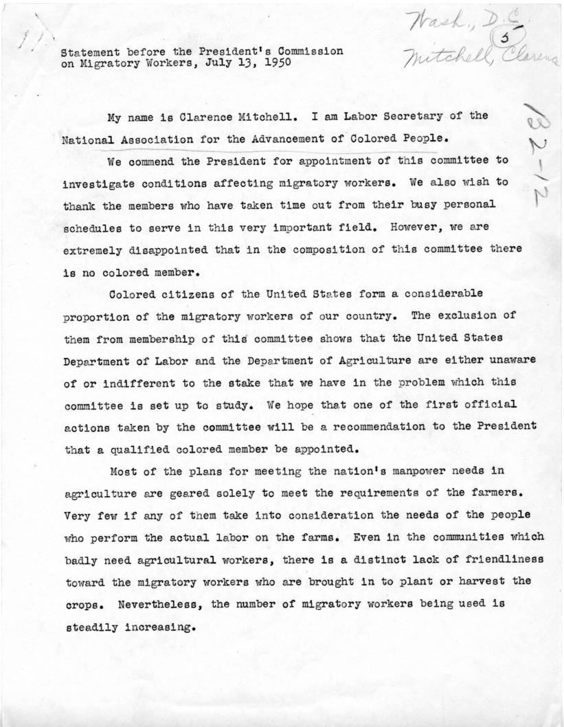 Statement of Clarence Mitchell Before the President&rsquo;s Commission on Migratory Labor