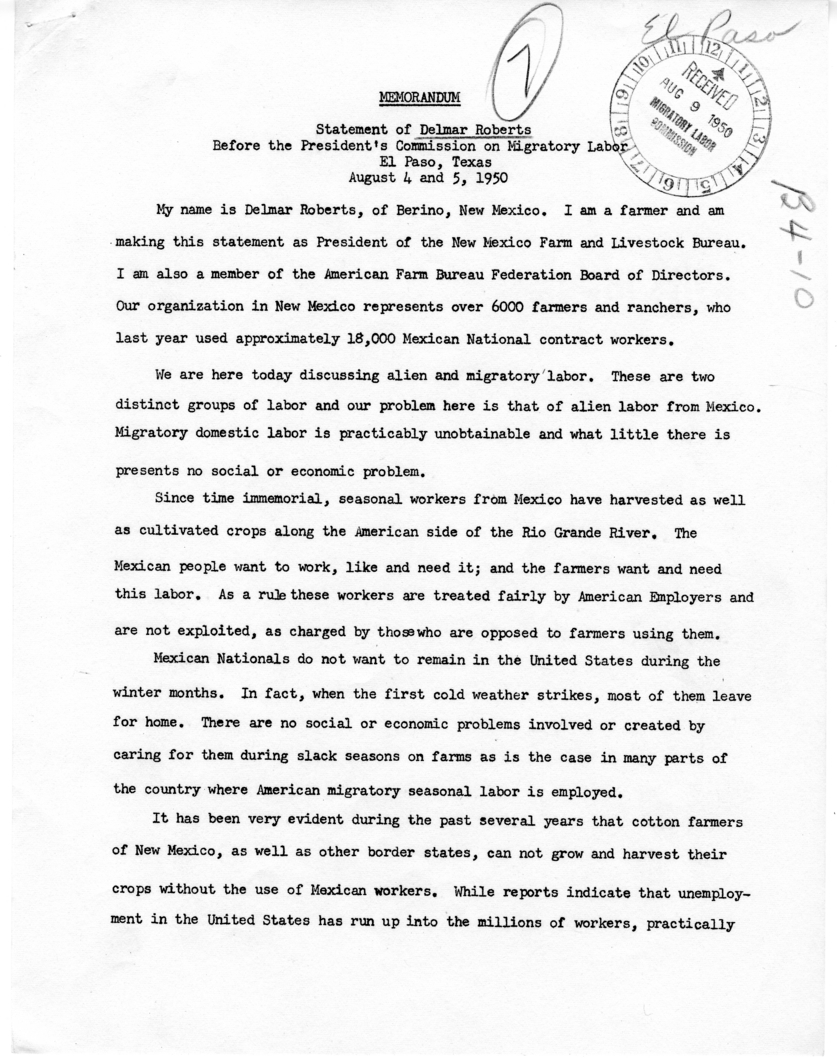 Statement of Delmar Roberts Before the President&rsquo;s Commission on Migratory Labor