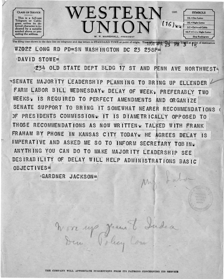 Telegram, Gardner Jackson to David Stowe